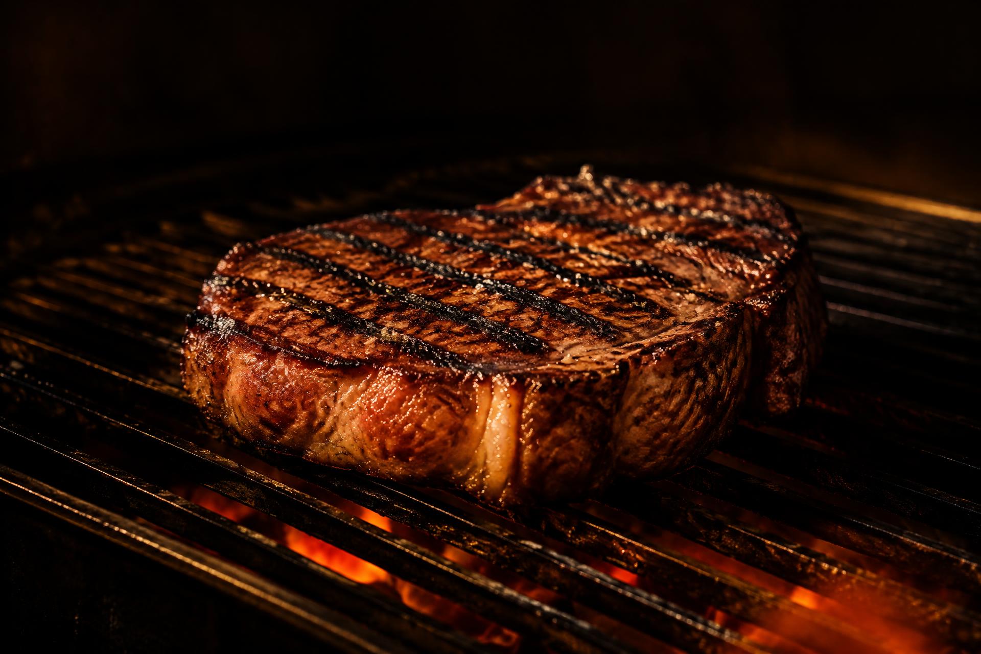 Pièce de bœuf marquée sur la grille, au-dessus des braises