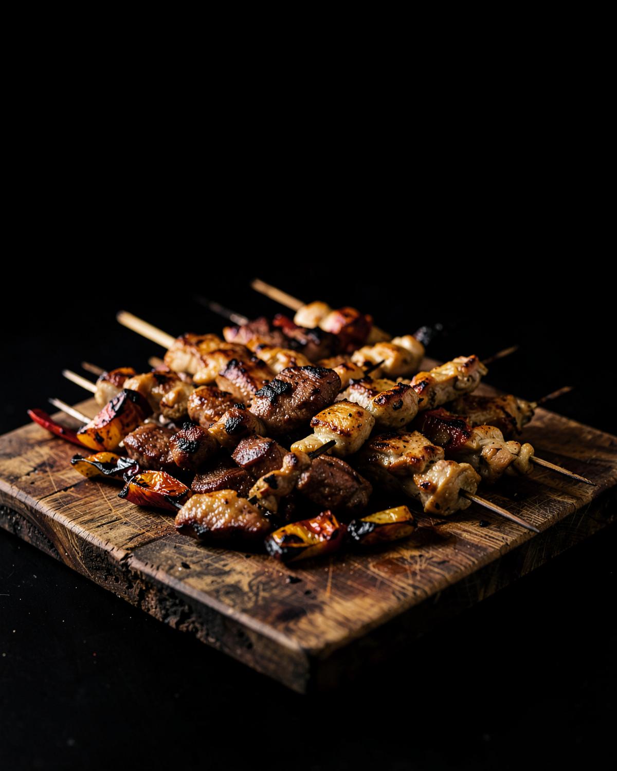 Brochettes de viande et de poulet sur une planche de bois